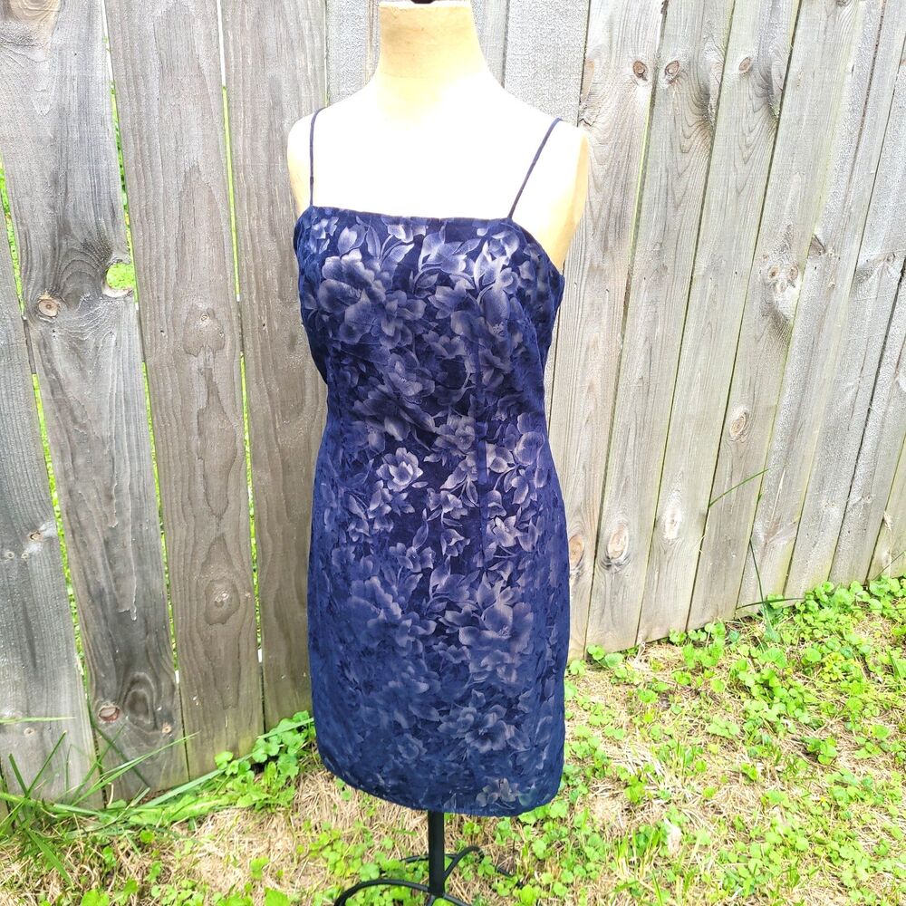 90S Velvet Burnout Floral sheath dress Y2K Alyn Paige 7/8 Navy Blue Over Nude